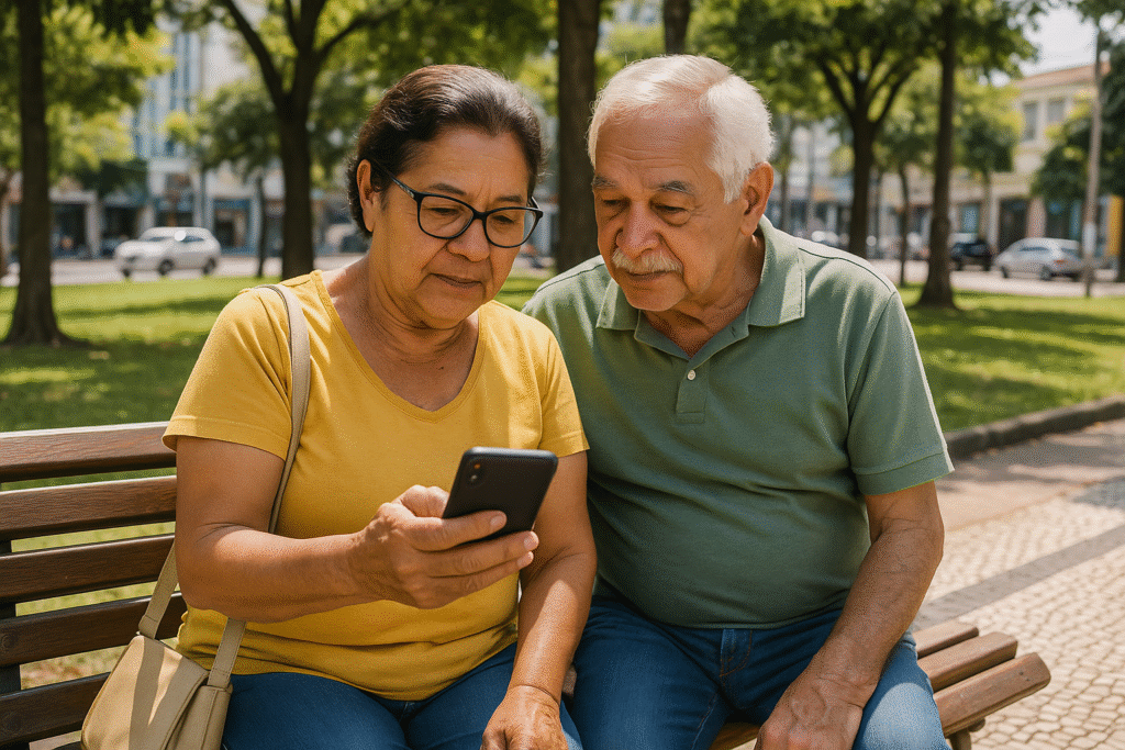 A imagem mostra um casal de idosos brasileiros sentado em um banco de parque urbano em um dia ensolarado. Eles compartilham um momento de conexão enquanto olham juntos para a tela do celular da senhora, que segura o aparelho com atenção. O cenário ao redor traz árvores, gramado e prédios ao fundo, criando uma atmosfera tranquila e acolhedora. A fotografia realista transmite uma mensagem de inclusão digital e qualidade de vida na terceira idade.